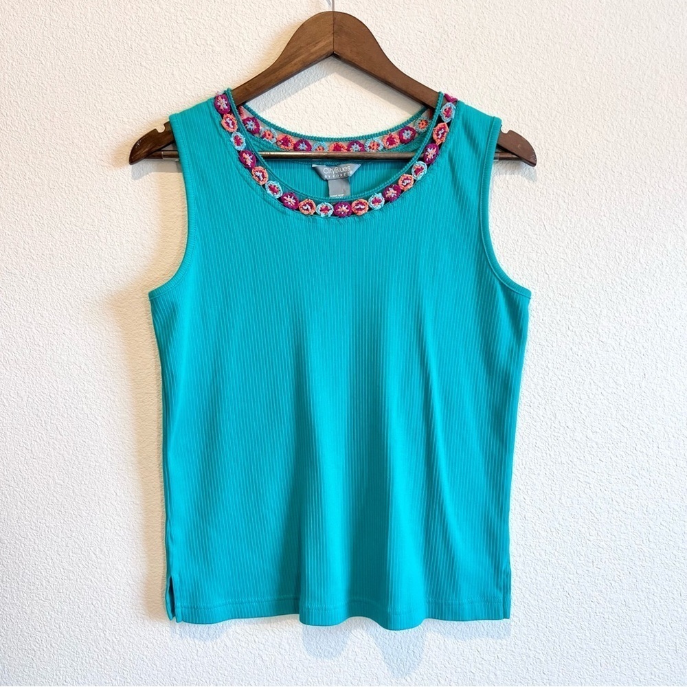 City Blues Koret Sleeveless Crochet Ribbed Tank Top Blue Y2K 90s Girlhood Medium
